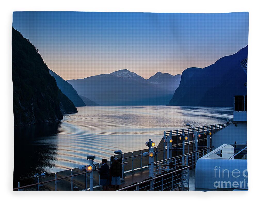Fjord Fleece Blanket featuring the photograph Geiranger Fjord with Queen Victoria in foreground by Sheila Smart Fine Art Photography