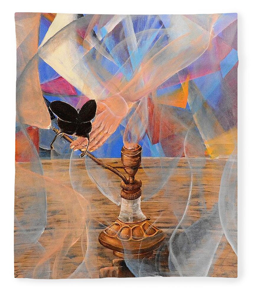 Jinn Fleece Blanket featuring the painting Genie, Bottle and butterfly by Medea Ioseliani
