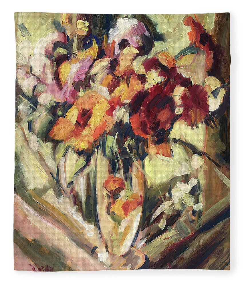 Flower Fleece Blanket featuring the painting Gerberas in glass vase by Nop Briex