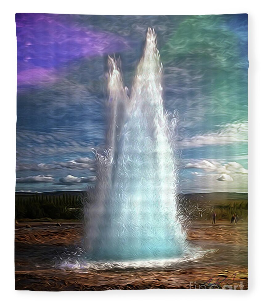 Geysir Fleece Blanket featuring the painting Iceland, The Great Geysir by Horst Rosenberger