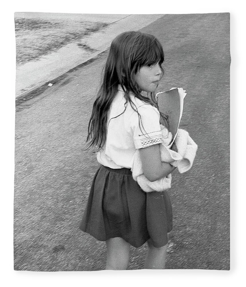 School Fleece Blanket featuring the photograph Girl Returns Home from School, 1971 by Jeremy Butler