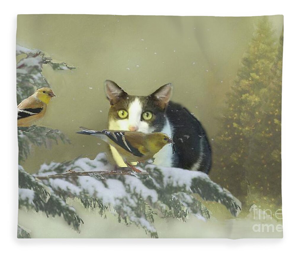 Cat Fleece Blanket featuring the digital art Girlie with the Goldfinches by Janette Boyd