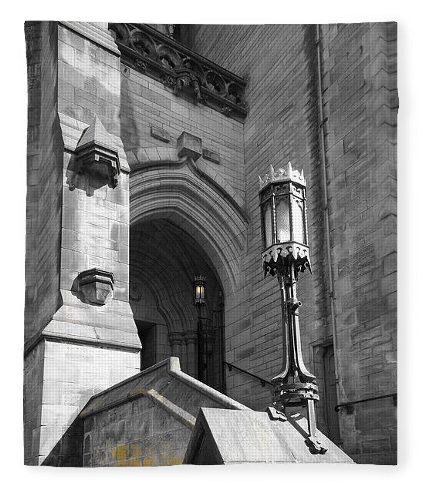 Lamppost Fleece Blanket featuring the photograph Glasgow University. Lamppost at entrance. by Elena Perelman