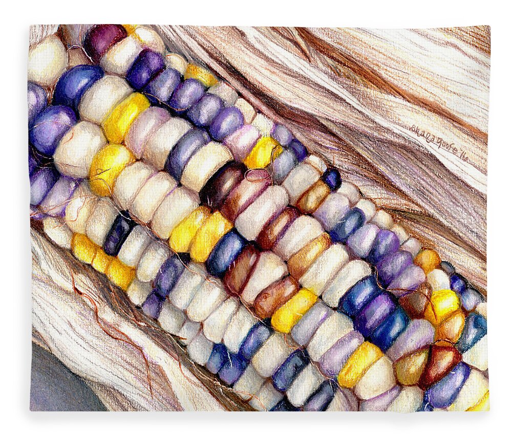 Corn Fleece Blanket featuring the drawing Glass Gem Corn by Shana Rowe Jackson