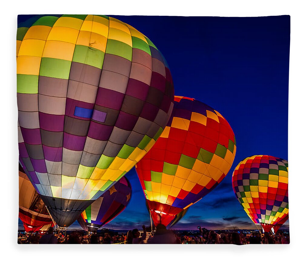 Albuquerque Hot Air Balloon Festival Fleece Blanket featuring the photograph Glowing Fiesta by Ron Pate