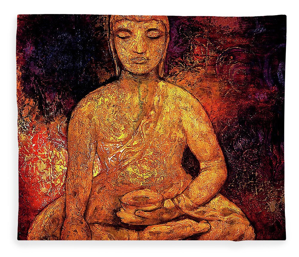 Oil Painting Fleece Blanket featuring the painting Golden Buddha by Shijun Munns