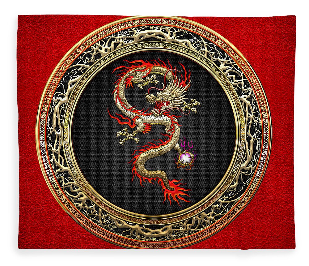 Treasures Of China By Serge Averbukh Fleece Blanket featuring the photograph Golden Chinese Dragon Fucanglong on Red Leather by Serge Averbukh