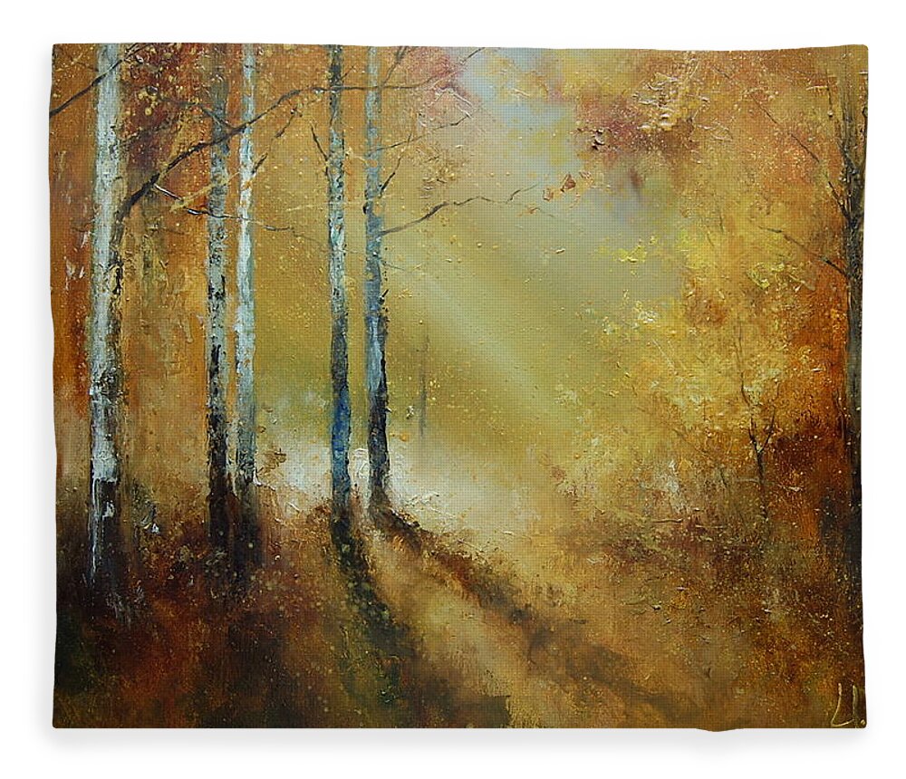 Russian Artists New Wave Fleece Blanket featuring the painting Golden Light in Autumn Woods by Igor Medvedev
