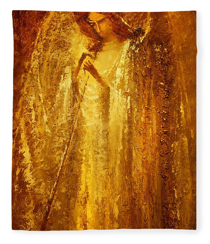 Angel Fleece Blanket featuring the painting Golden Light of Angel by Valentina Kondrashova