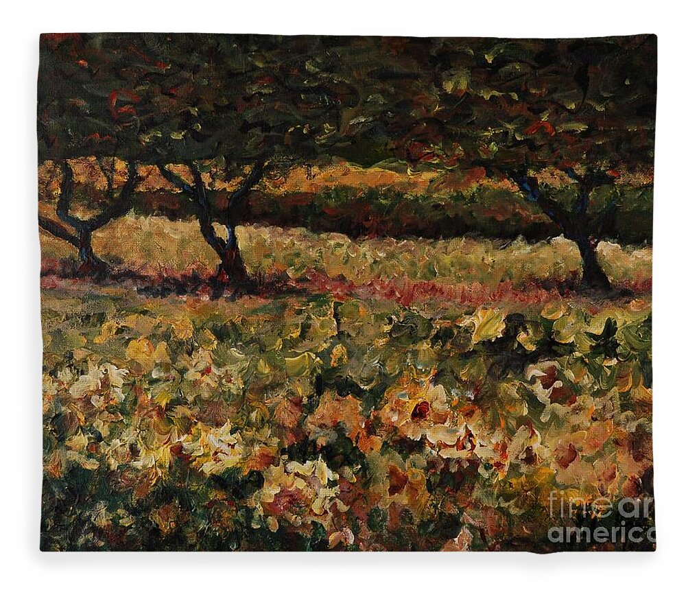 Landscape Fleece Blanket featuring the painting Golden Sunflowers by Nadine Rippelmeyer