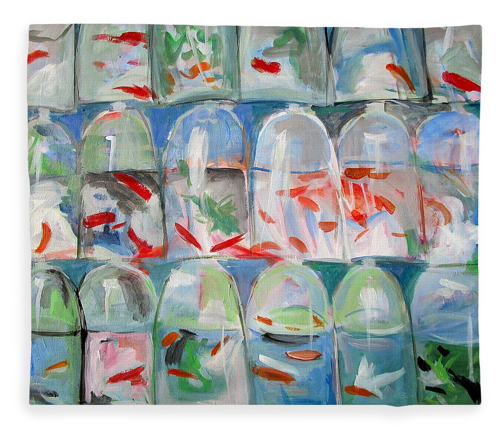 Goldfish Market Fleece Blanket featuring the painting Goldfish Market by Kazumi Whitemoon