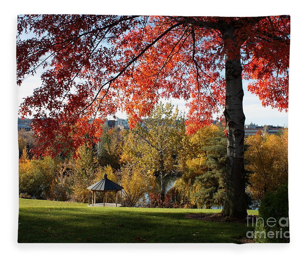 Spokane Fleece Blanket featuring the photograph Gonzaga with Autumn Tree Canopy by Carol Groenen
