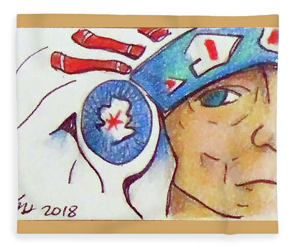  Fleece Blanket featuring the drawing Grandpa Chief by Loretta Nash