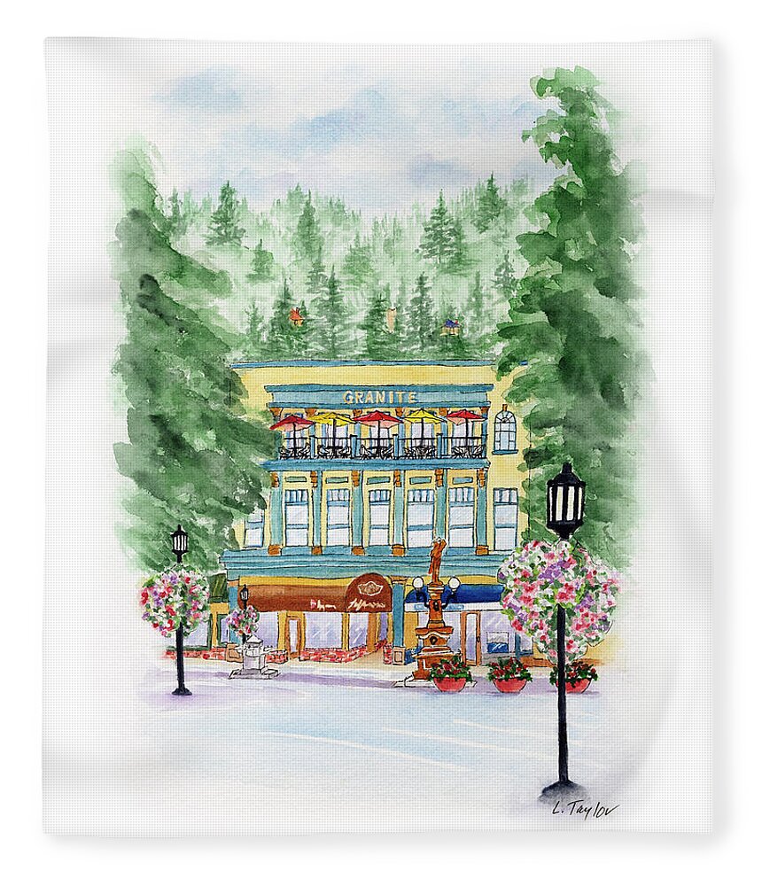 Granite Building Fleece Blanket featuring the painting Granite on the Plaza by Lori Taylor