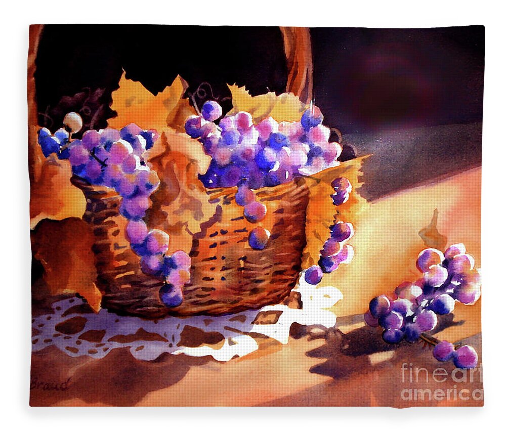 Still-life Fleece Blanket featuring the painting Grapes and Basket by Kathy Braud