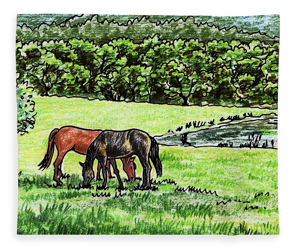 Horse Fleece Blanket featuring the painting Grazing Horses At The Ranch Watercolor by Irina Sztukowski