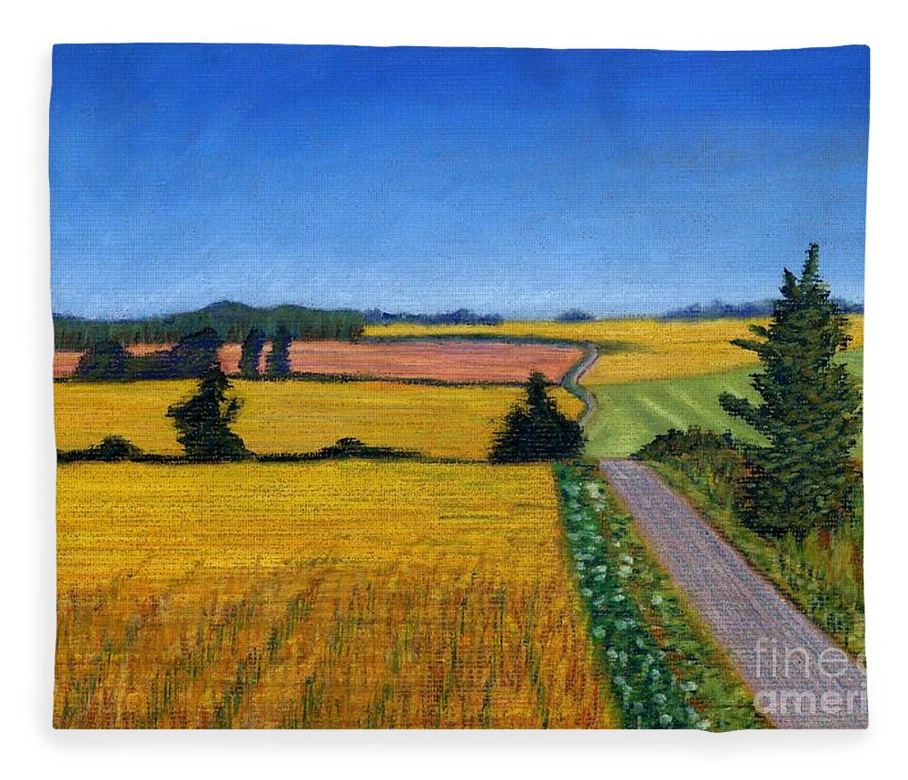 Great Bedwyn Fleece Blanket featuring the pastel Great Bedwyn Wheat Fields Painting by Edward McNaught-Davis