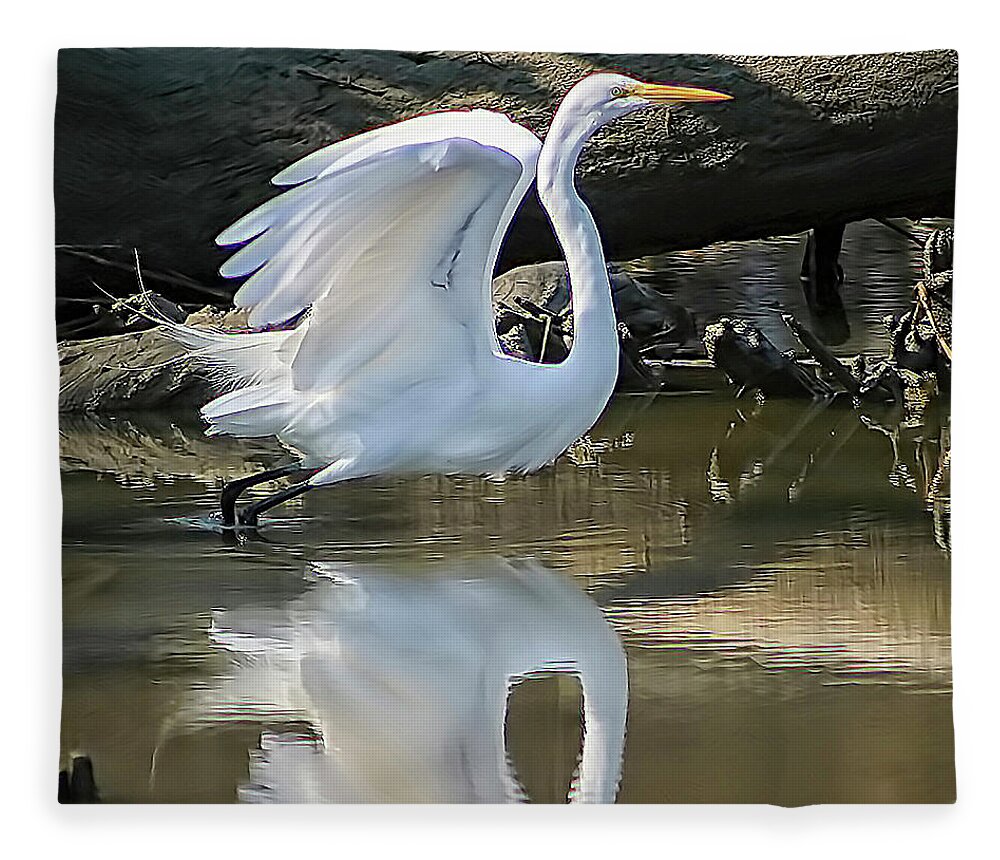 Egret Fleece Blanket featuring the photograph Great Egret Lifting Off by DB Hayes