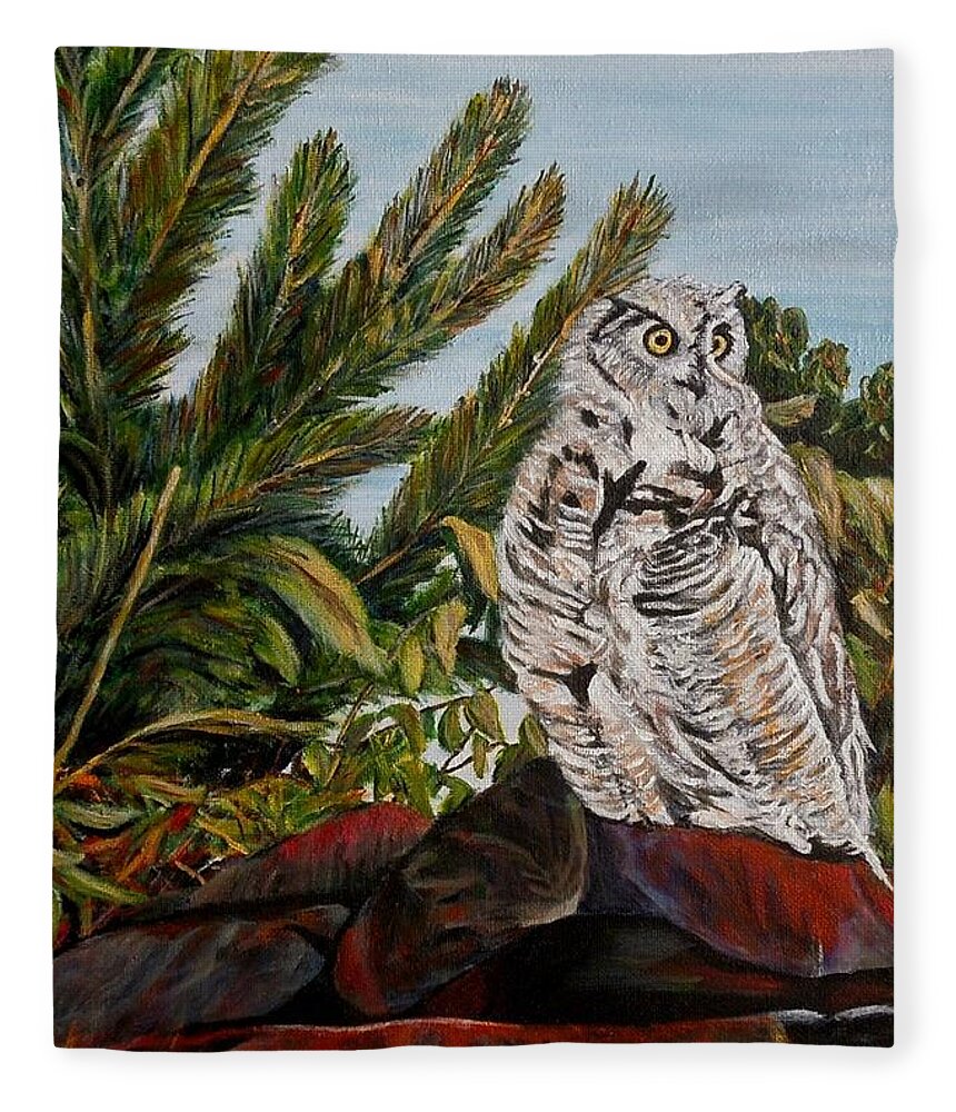 Great Horned Owl Fleece Blanket featuring the painting Great Horned Owl - Owl on the rocks by Marilyn McNish