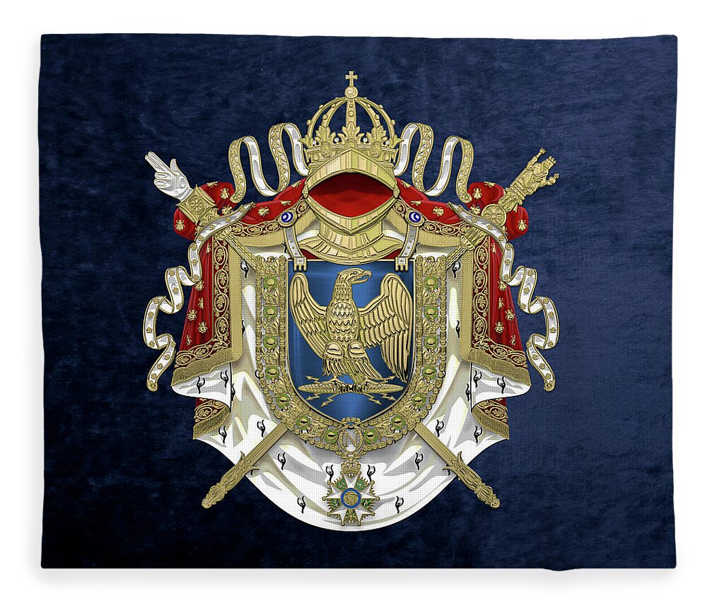 'napoleon Bonaparte' Collection By Serge Averbukh Fleece Blanket featuring the digital art Greater Coat of Arms of the First French Empire over Blue Velvet by Serge Averbukh
