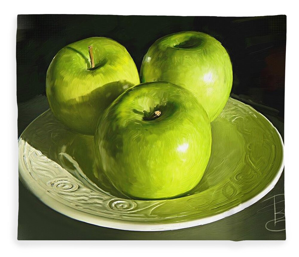 Apple Fleece Blanket featuring the digital art Green apples in a white bowl by Debra Baldwin