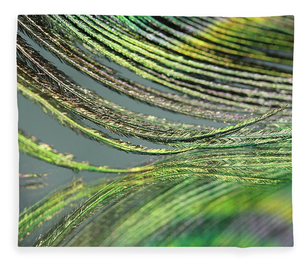 Peacock Fleece Blanket featuring the photograph Green Feather Strands by Angela Murdock
