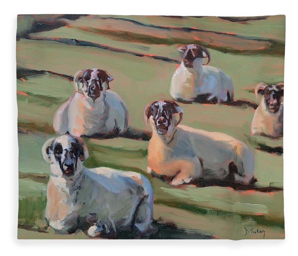 Sheep Fleece Blanket featuring the painting Green Hill Sheep at Rest by Donna Tuten