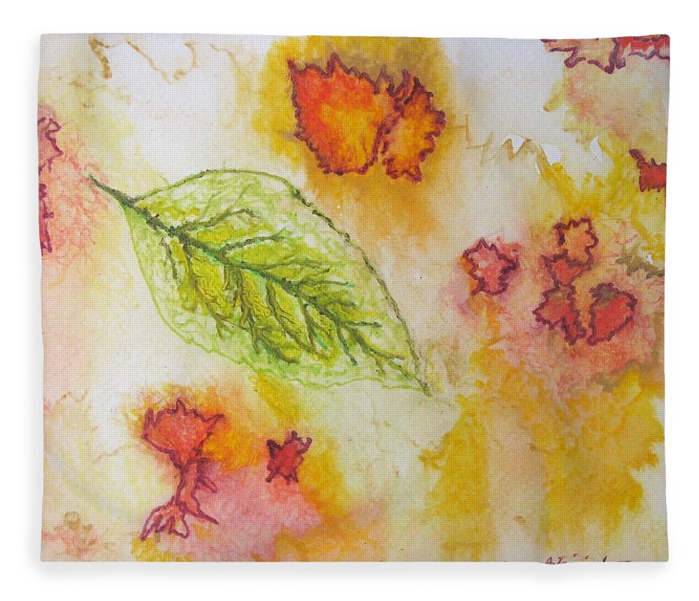 Nature Fleece Blanket featuring the painting Green Leaf of Fall by Patricia Arroyo