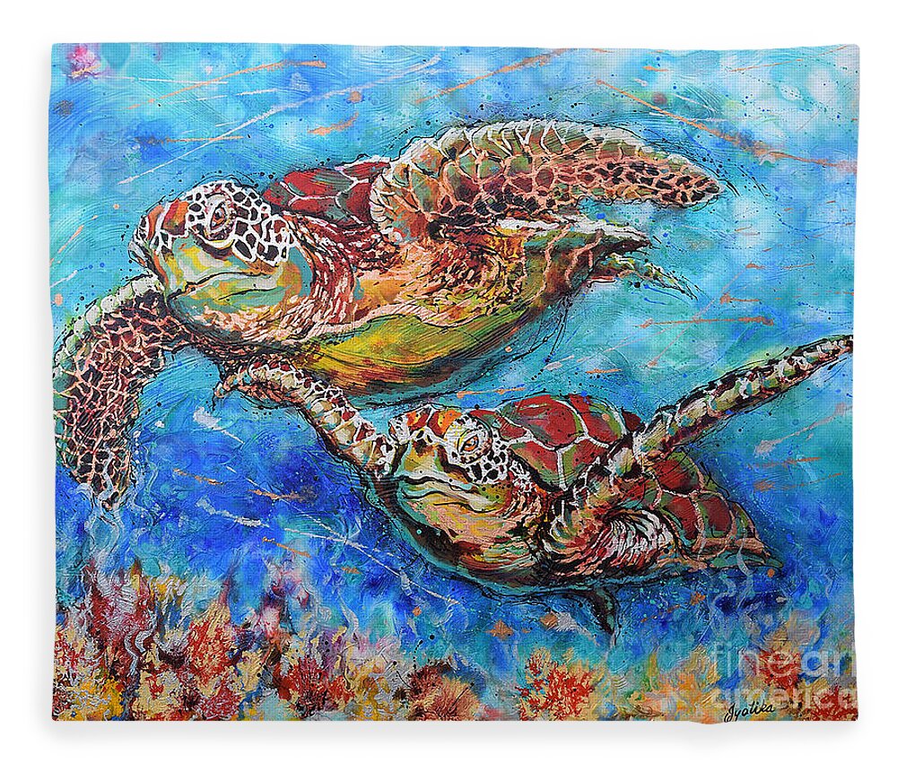Marine Turtles Fleece Blanket featuring the painting Green Sea Turtles by Jyotika Shroff