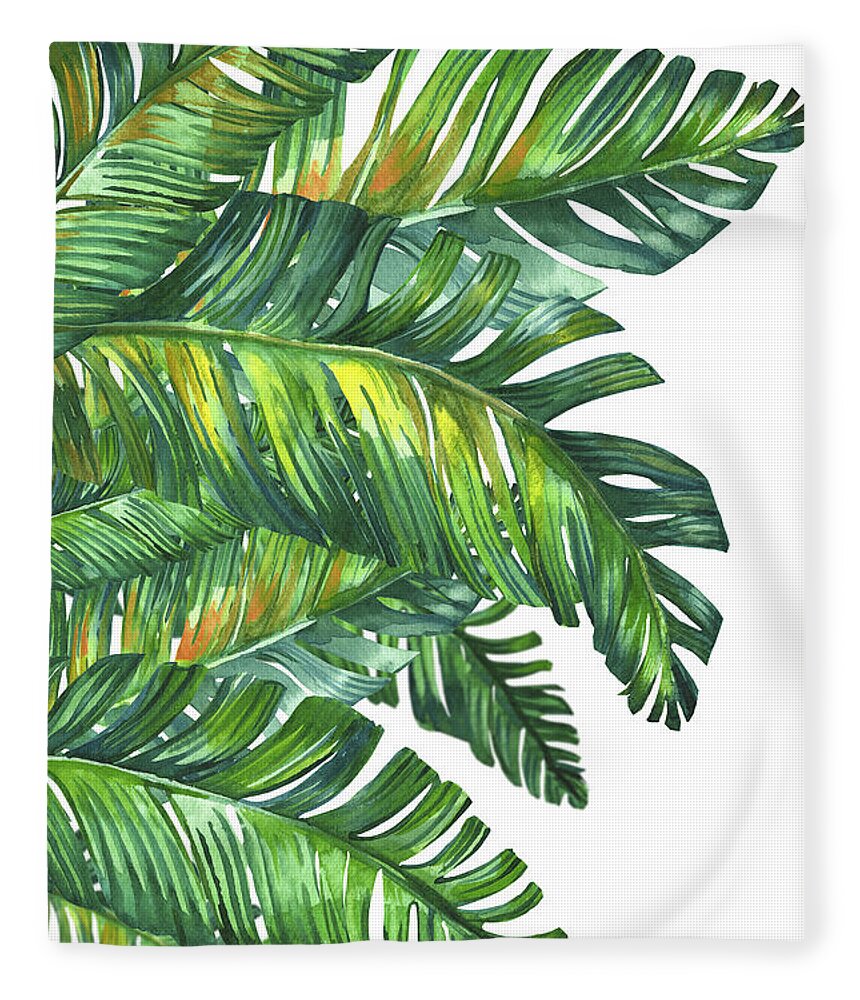 Tropical Leaves Fleece Blanket featuring the painting Green Tropic by Mark Ashkenazi
