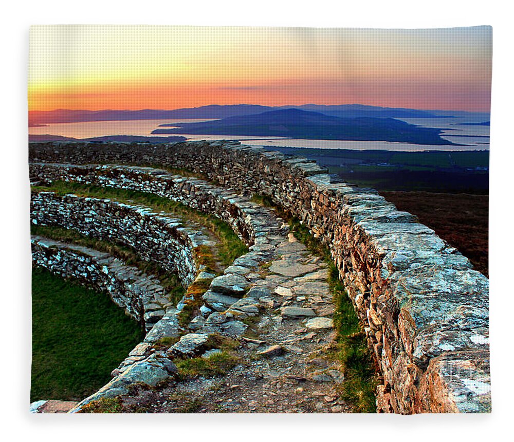 Sunset Fleece Blanket featuring the photograph Grianan Fort Sunset by Nina Ficur Feenan