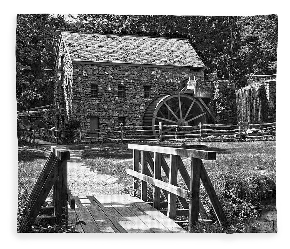 Black And White Fleece Blanket featuring the photograph Grist Mill, Sudbury, Massachussetts by Barry Wills