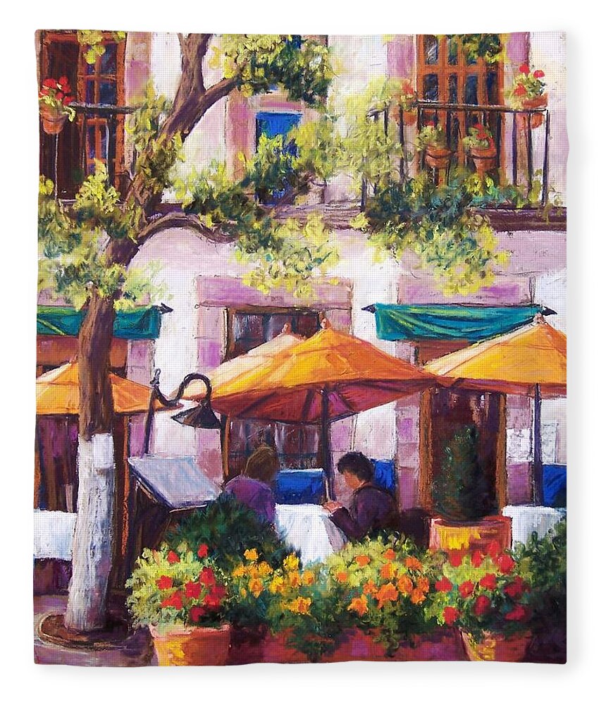 Sidewalk Cafe Fleece Blanket featuring the pastel Guanajuato Cafe by Candy Mayer