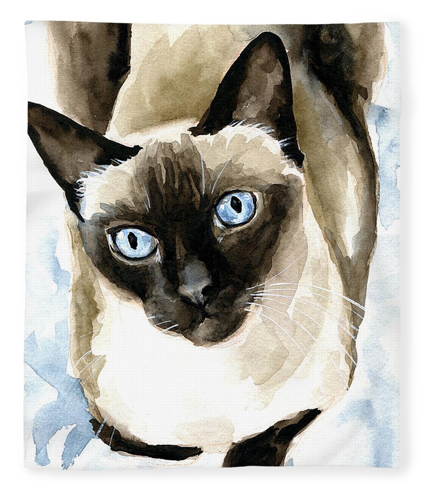 Cat Fleece Blanket featuring the painting Guardian Angel - Siamese Cat Portrait by Dora Hathazi Mendes