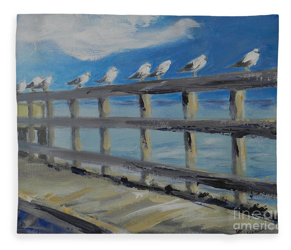 Seaside Fleece Blanket featuring the painting Gulls in Line by Deborah Ferree