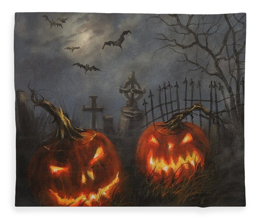 Halloween Fleece Blanket featuring the painting Halloween on Cemetery Hill by Tom Shropshire