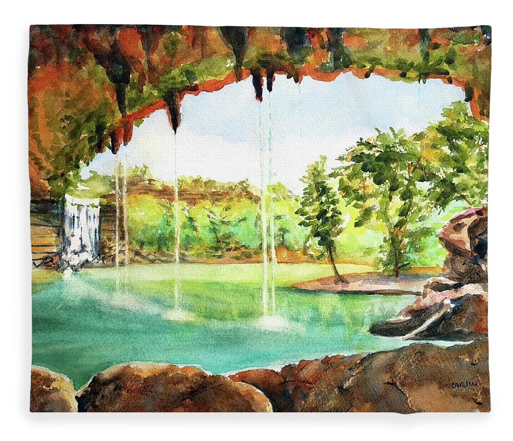 Hamilton Pool Fleece Blanket featuring the painting Hamilton Pool Texas by Carlin Blahnik CarlinArtWatercolor