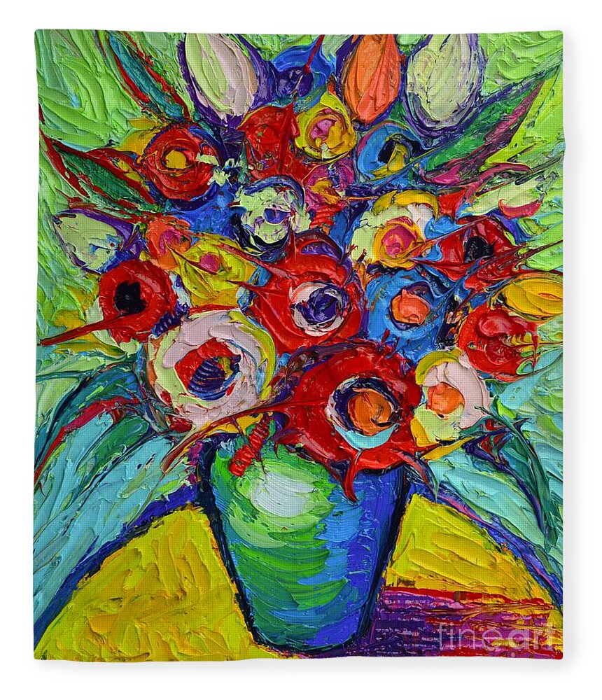 Abstract Fleece Blanket featuring the painting Happy Bouquet Of Poppies And Colorful Wildflowers On Round Yellow Table Impasto Abstract Flowers by Ana Maria Edulescu