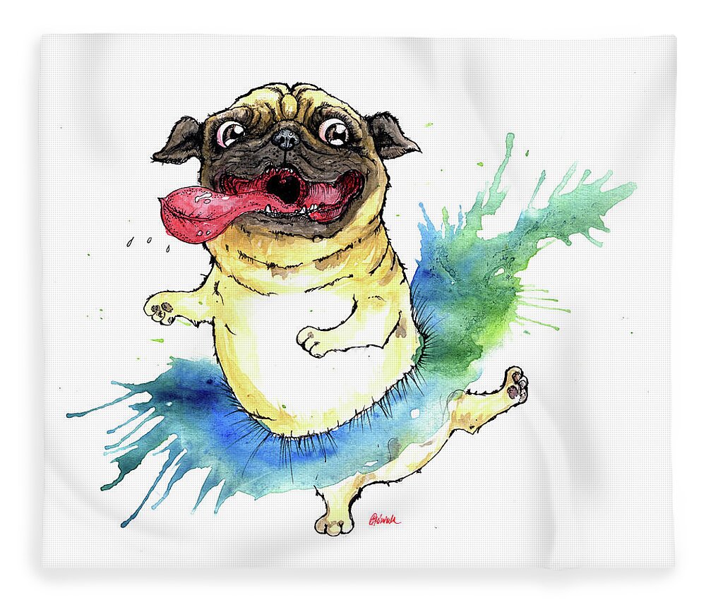 Dog Fleece Blanket featuring the painting Happy tutu pug by Ang El