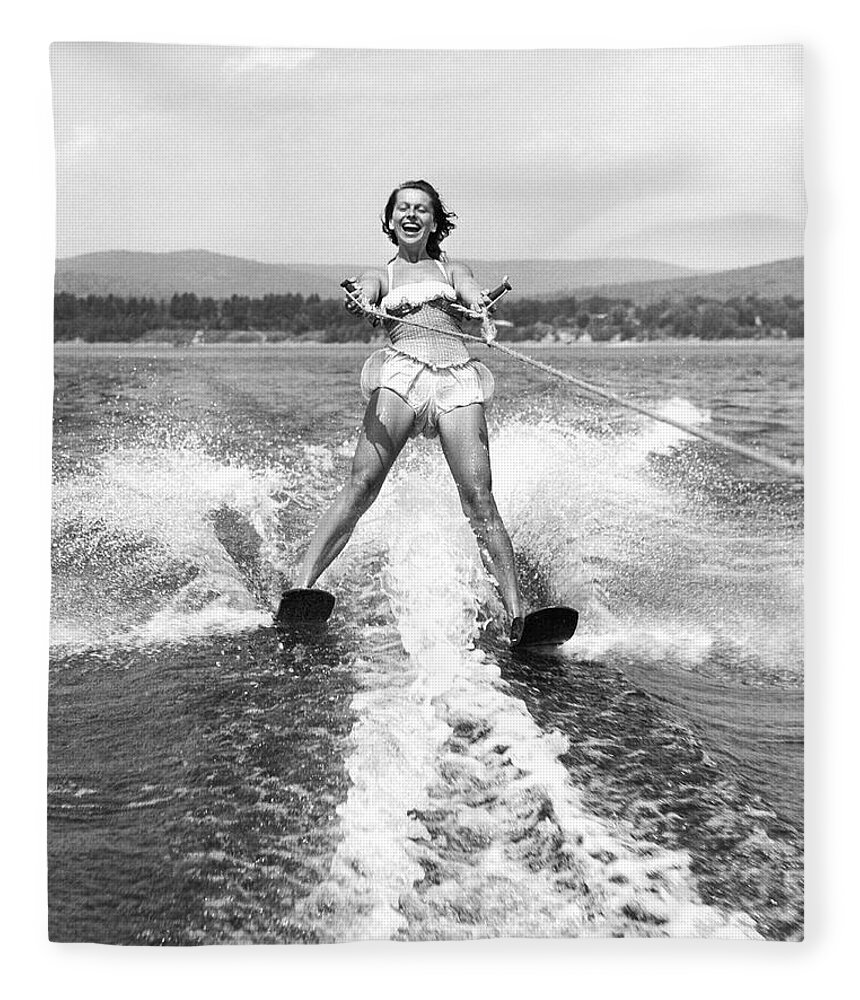 1 Person Only Fleece Blanket featuring the photograph Happy Woman Water Skier by Underwood Archives