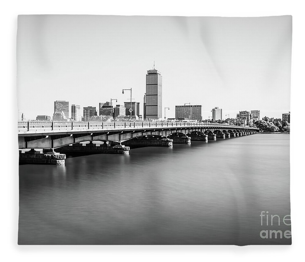 America Fleece Blanket featuring the photograph Harvard Bridge Boston Skyline Black and White Photo by Paul Velgos