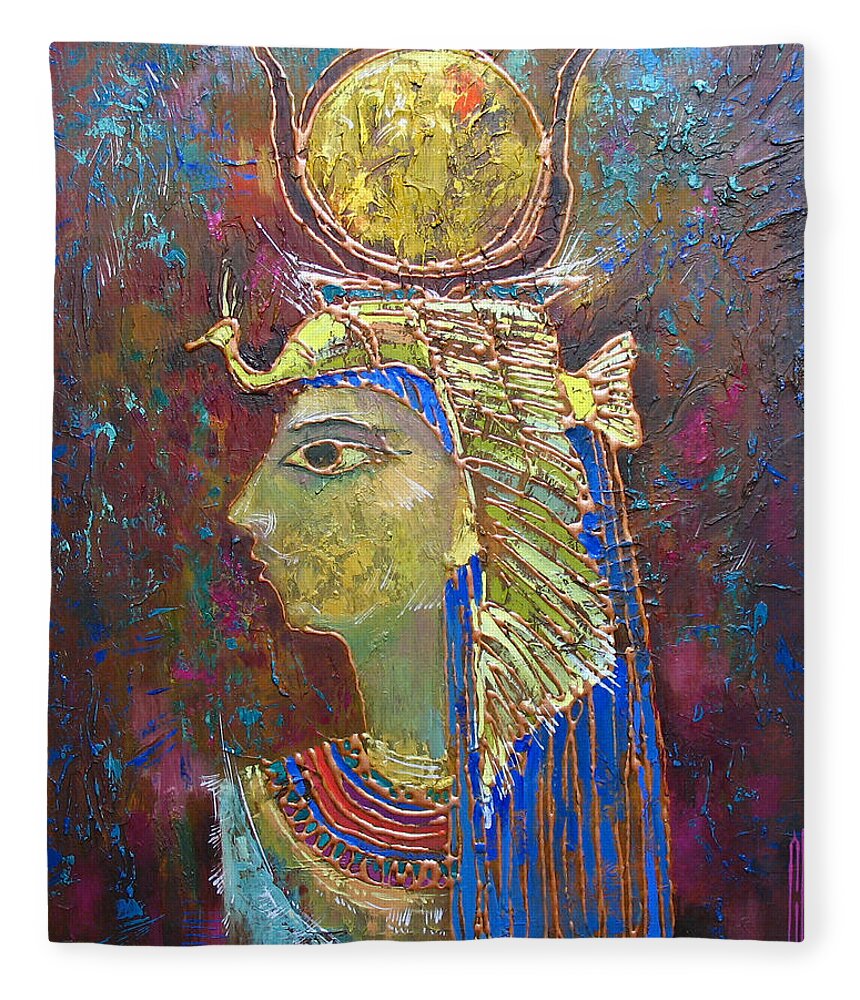 Hathor Fleece Blanket featuring the painting Hathor. Goddess of Egypt by Valentina Kondrashova