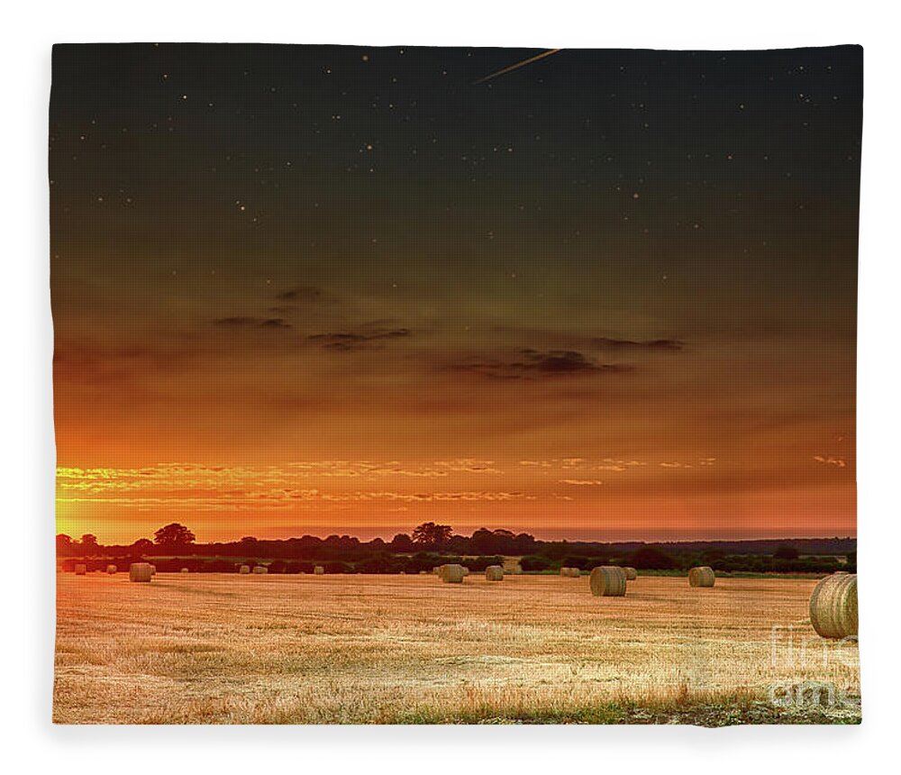 Sunset Fleece Blanket featuring the photograph Hay bales at sunset and stars by Simon Bratt