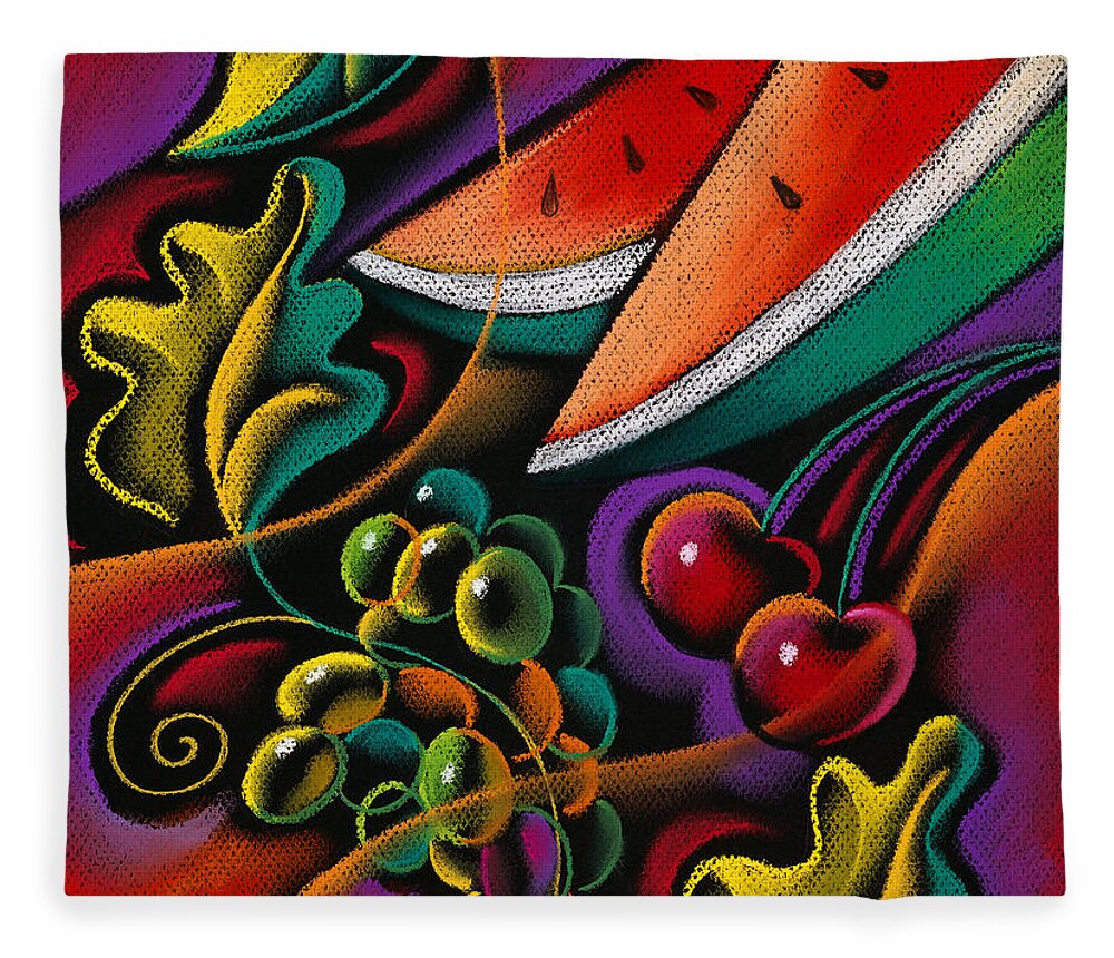 Apple Apples Bounty Diet Eat Eating Exotic Farm Farming Flower Food Fruit Fruits Grape Grapes Grow Growing Growth Harvest Health Healthy Leaves Nutrition Nutritional Oranges Produce Tropical Tropics Variety Decorative Art Abstract Painting Fleece Blanket featuring the painting Healthy fruit by Leon Zernitsky