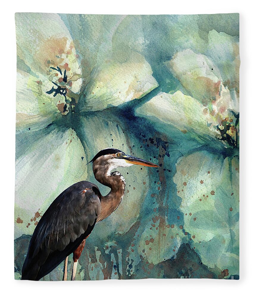 #creativemother Fleece Blanket featuring the painting Heron in Teal by Francelle Theriot