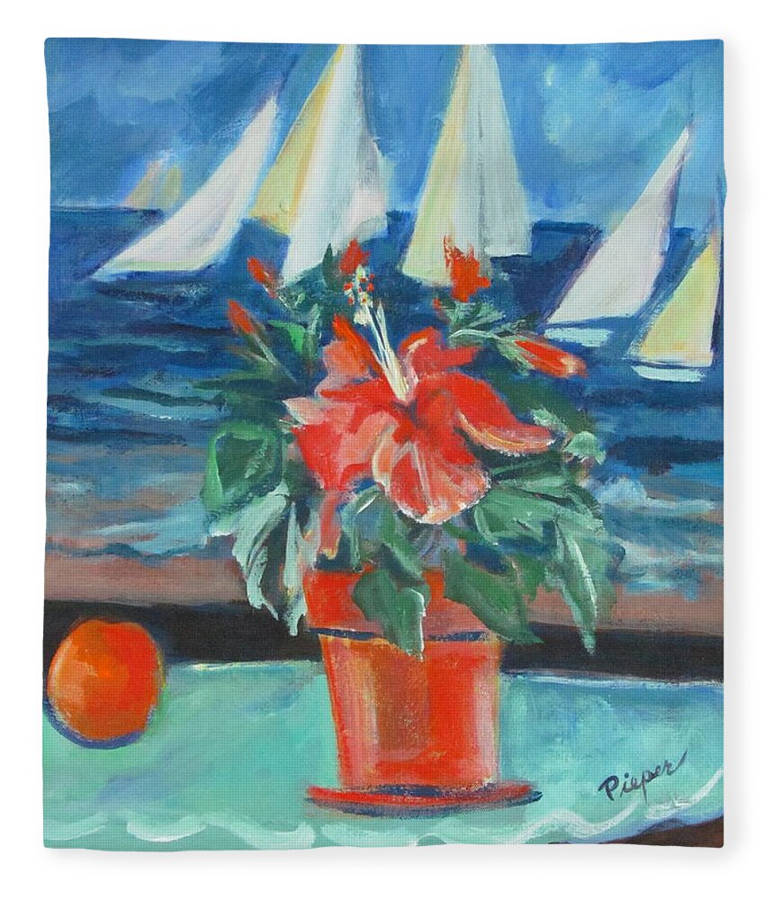 Hibiscus Flower Painting Fleece Blanket featuring the painting Hibiscus with an Orange and Sails for Breakfast by Betty Pieper
