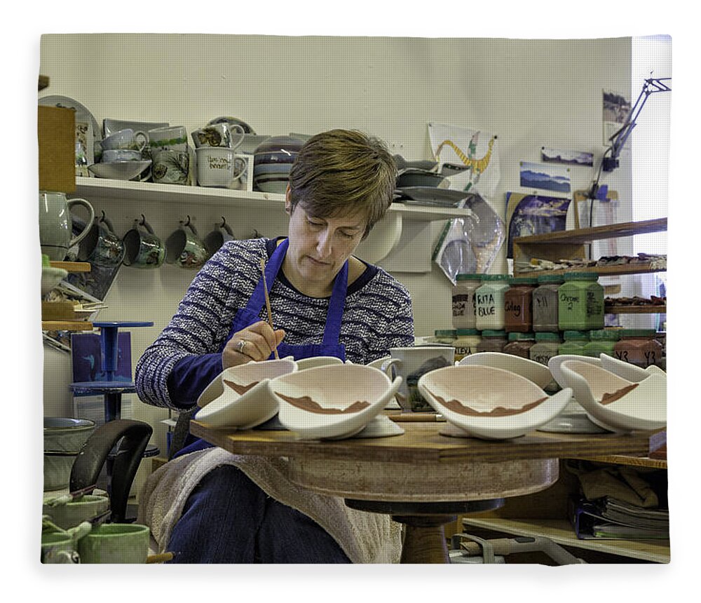 Highland Stoneware Fleece Blanket featuring the photograph Highland Stoneware Artist at Work by Fran Gallogly