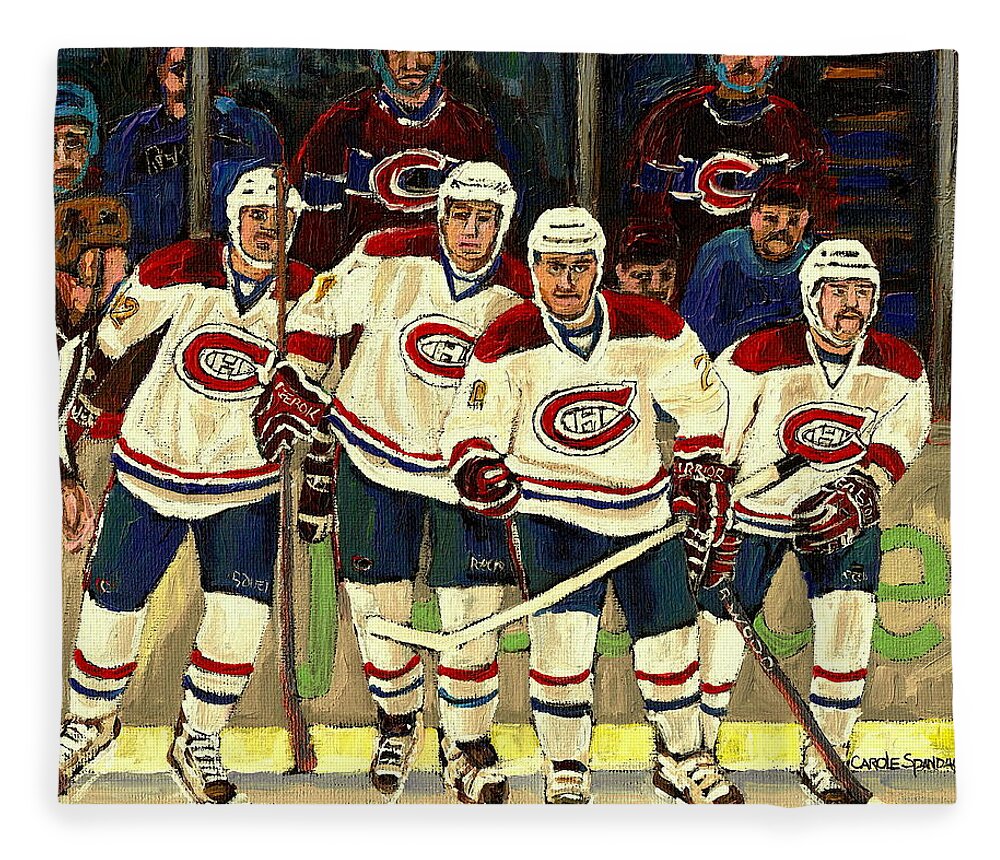 Hockey Art The Habs Fab Four Fleece Blanket featuring the painting Hockey Art The Habs Fab Four by Carole Spandau