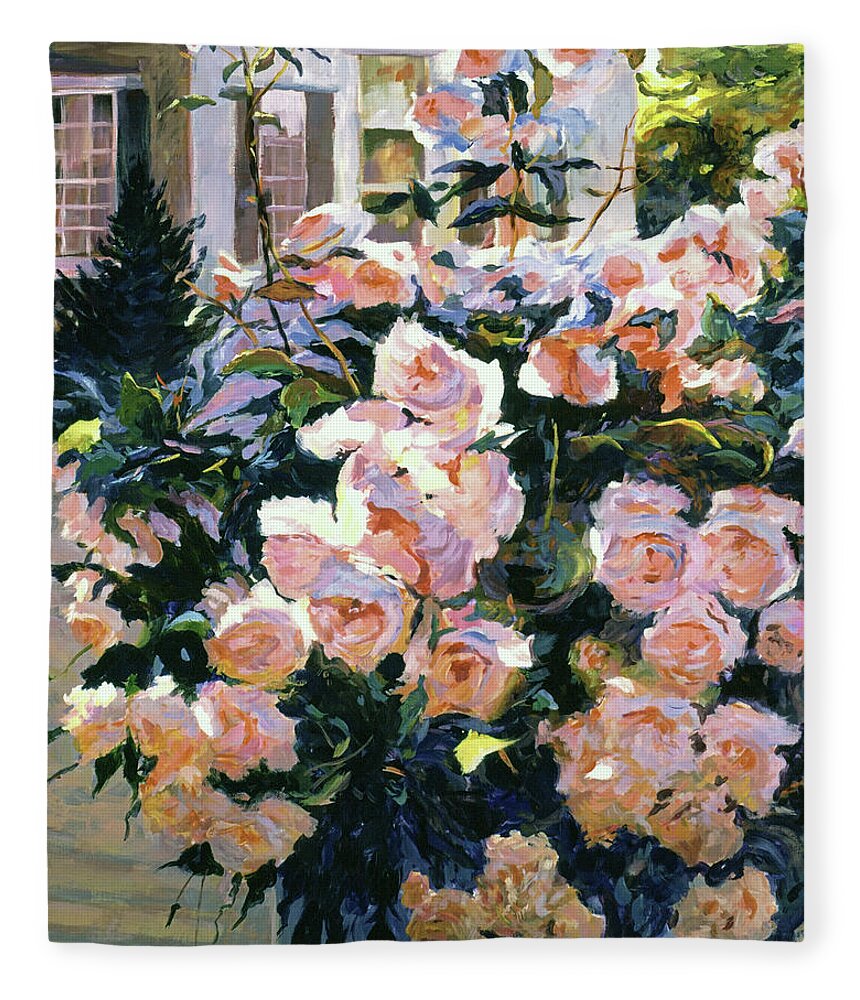 Gardens Fleece Blanket featuring the painting Hollywood Cottage Garden Roses by David Lloyd Glover