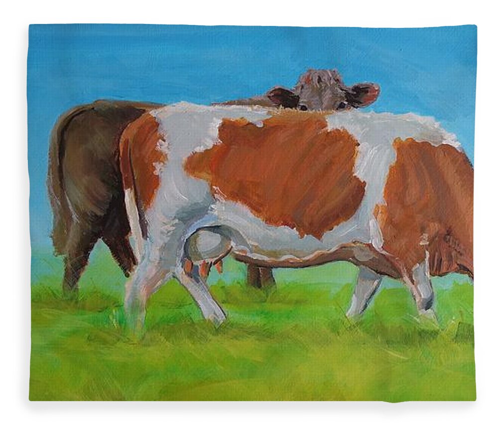 Holstein Fleece Blanket featuring the painting Holstein Friesian Cow and Brown Cow by Mike Jory